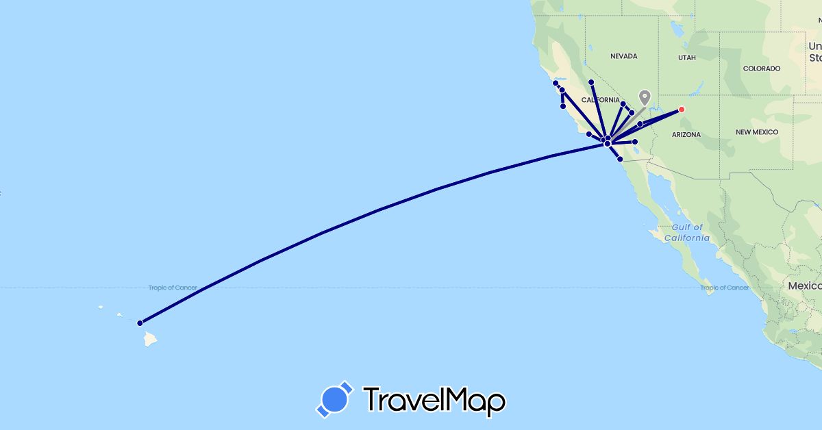 TravelMap itinerary: driving, plane, hiking in United States (North America)